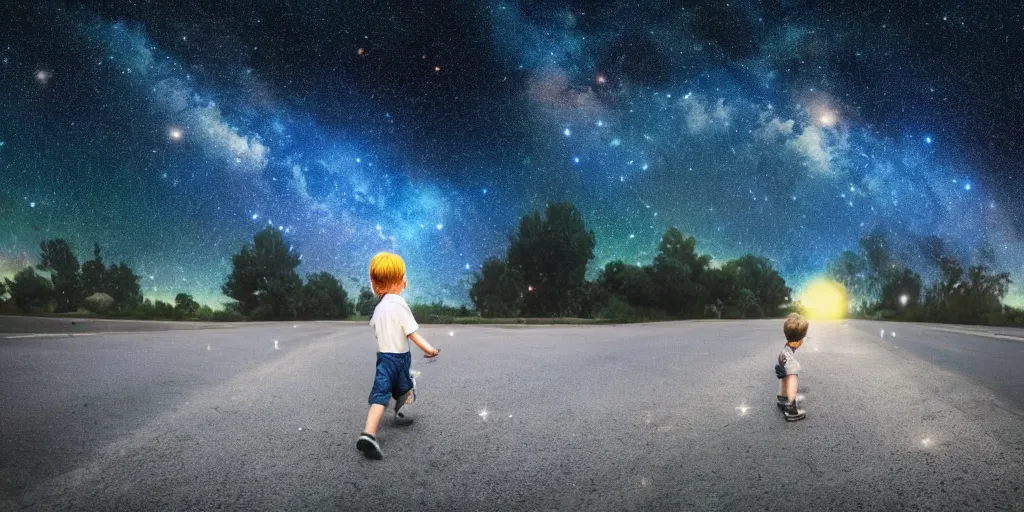 Image similar to color photo of a boy walking down a street in space, sky is full of stars