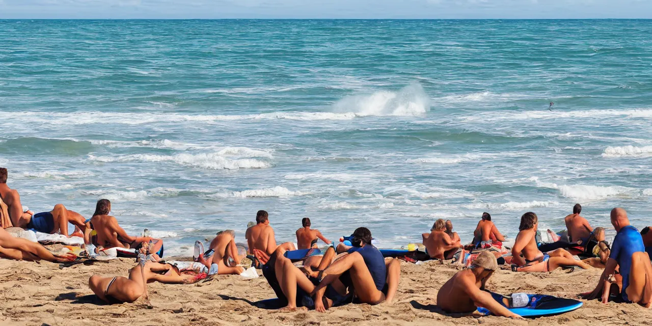 Image similar to panoramic image of a beach scene, surfers relaxing after a fun day of surfing