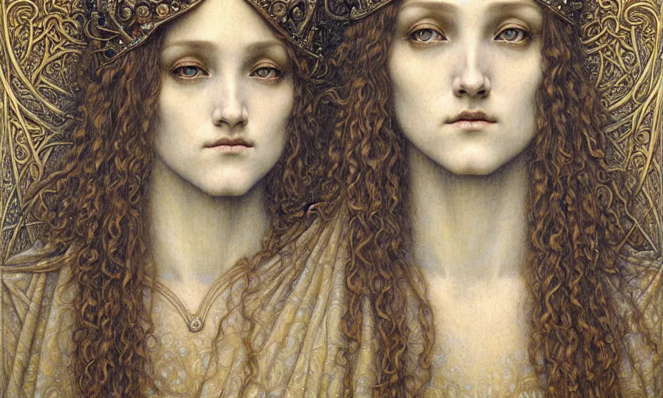 Image similar to detailed realistic beautiful young medieval queen face portrait by jean delville, gustave dore and marco mazzoni, art nouveau, symbolist, visionary, gothic, pre - raphaelite. horizontal symmetry