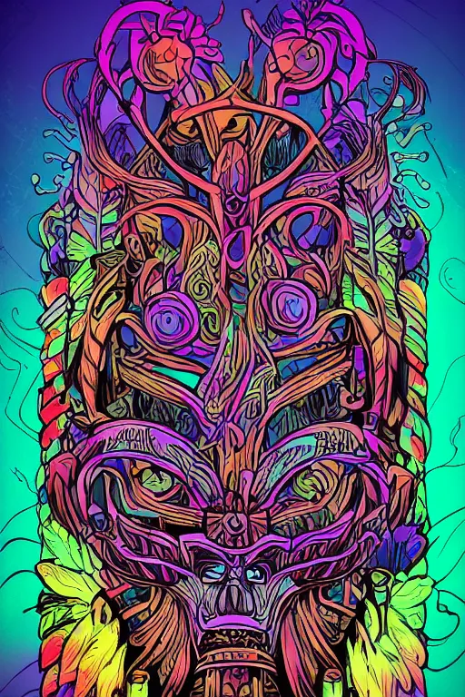 Image similar to animal mask totem roots flower tribal feather gemstone plant wood rock shaman vodoo video game vector cutout illustration vivid multicolor borderlands comics by josan gonzales and dan mumford radiating a glowing aura