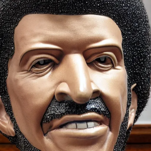 Prompt: photo of lionel richie sculpture in the hello video being sold at christies auction room realistic