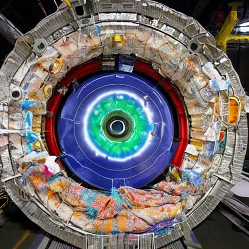 Prompt: an amazing surreal real photo of the large hadron collider made entirely out of a pile of laundry, coverup, conspiracy, lazy scientists saving on laundromat bills