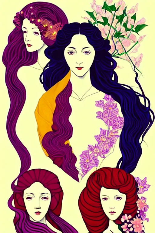 Image similar to 3 Spring Muses symbolically representing March, April, and May, in a style blending Æon Flux, Peter Chung, Shepard Fairey, Botticelli, Ivan Bolivian, and John Singer Sargent, inspired by pre-raphaelite paintings, shoujo manga, and cool Japanese street fashion, dramatically blossoming flora and fauna, petals falling everywhere, pastel vivid triad colors, hyper detailed, super fine inking lines, ethereal and otherworldly, 4K extremely photorealistic, Arnold render