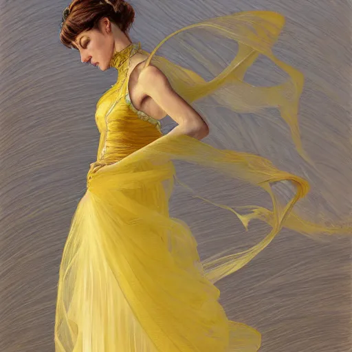 Prompt: a woman in a modern yellow organza dress dancing, ultra realistic, intricate, elegant, highly detailed, digital painting, artstation, smooth, sharp, focus, illustration, art by artgerm and greg rutkowski and alphonse mucha,