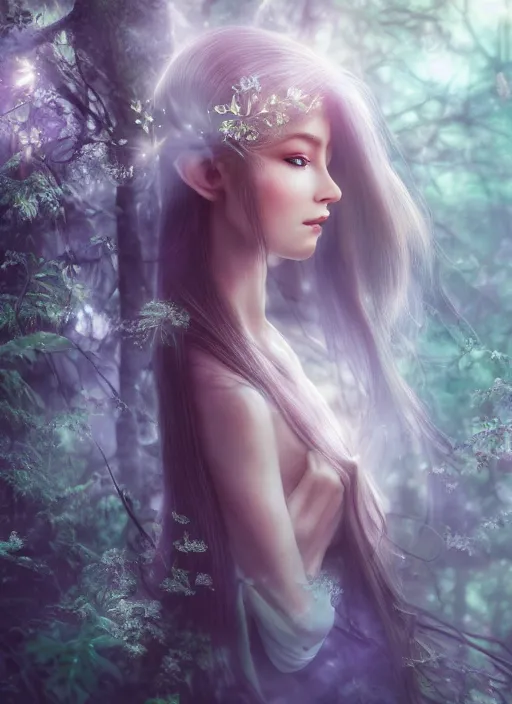 Image similar to beatiful ethereal elf princess in an enchanted forest, 3/4 side view, hair jewellery, fully clothed, light mist, light rays sieving through the trees, shallow depth of field, focus on the face, coherent composition, no watermark, by Yuumei, by Artgerm, by WLOP
