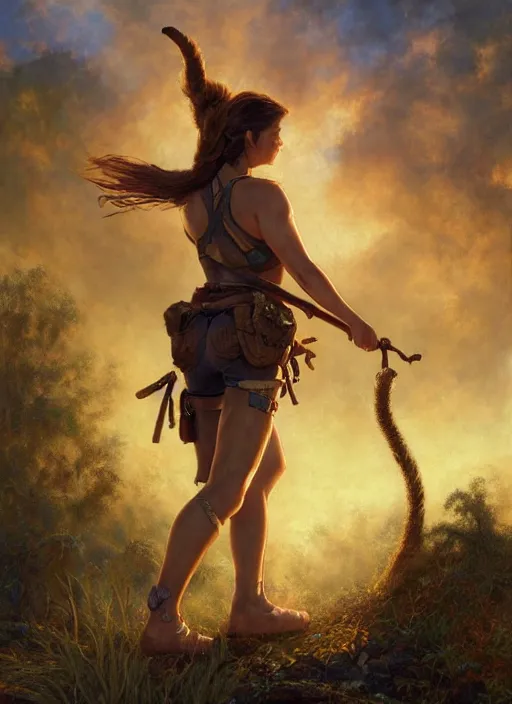 Image similar to seasoned adventurer Lara Croft, golden hour, Lilia Alvarado, Sophie Anderson, Mark Arian, Bob Byerley, Charlie Bowater, Mark Brooks, Steve Henderson, Justin Gerard, Arthur Hughes, Edward Robert Hughes, Mark Keathley, Victor Nizovtsev, Carlos Shwabe, Ross Tran, WLOP