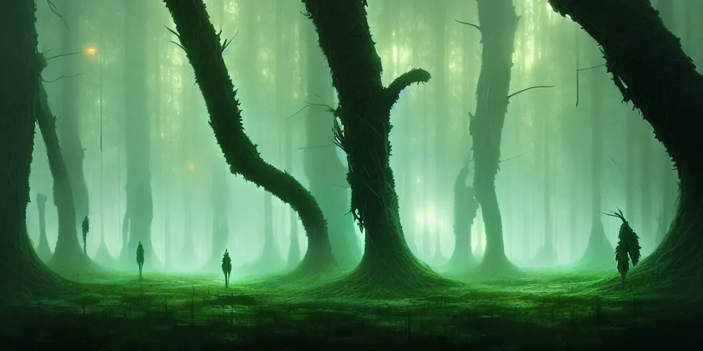 Prompt: strange alien forest, glowing fungus, misty, green glowing horizon, fireflies, ultra high definition, ultra detailed, symmetry, sci - fi, dark fantasy, by greg rutkowski and ross tran