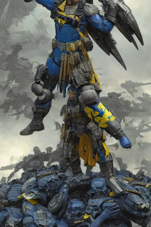 Prompt: A distant shot of a super soldier with a Ukrainian blue and yellow uniform with wings is standing on a pile of skulls, Call of Duty, marvel comics, dark, intricate, highly detailed, smooth, artstation, digital illustration by Ruan Jia and Mandy Jurgens and Artgerm and Wayne Barlowe and Greg Rutkowski and Frank Frazetta