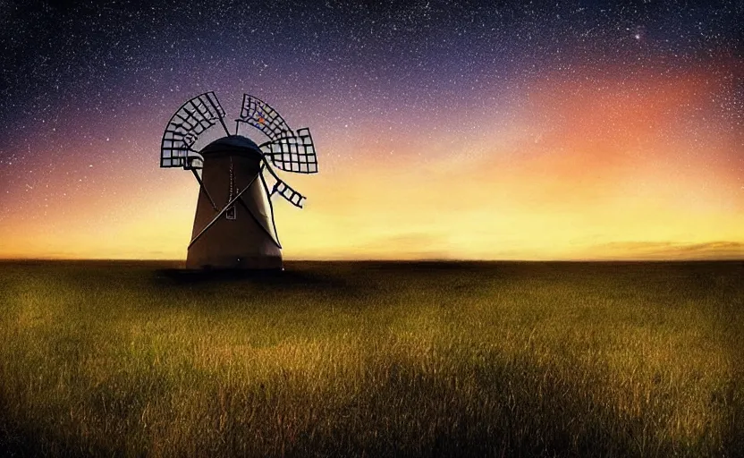 Image similar to “ sunset windmill with meteor shower in the background, cinematic, award winning ”