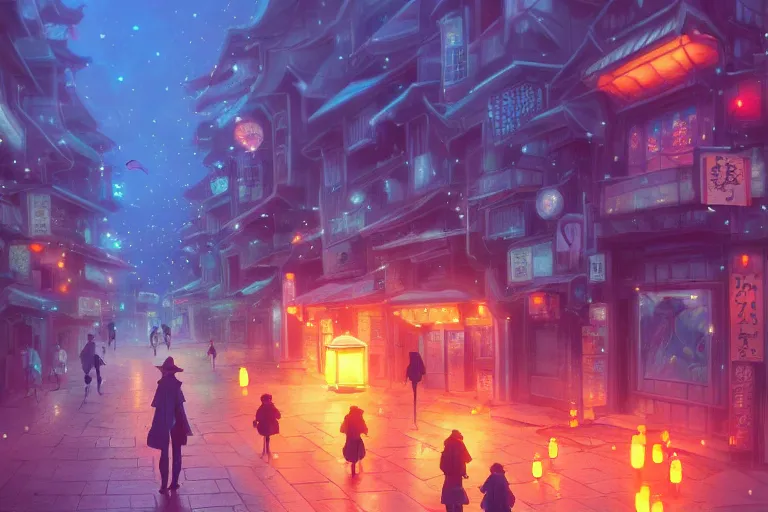 Image similar to fantasy art of glowing goldfish swimming in the air, in the streets of a japanese town at night, with people watching in wonder, by makoto shinkai, highly detailed digital art, trending on artstation