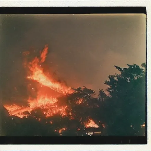 Image similar to polaroid photo of a fire breathing dragon destroying tokyo.