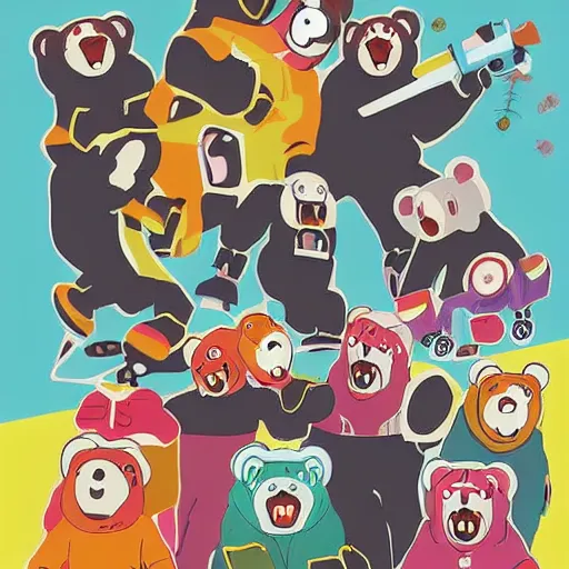 Image similar to happybears!, happy bears! kill union, humanoid bears, bear costumes, happy faces, evil happy faces, rollerblading, rollerskates, four humanoid bears, 2 0 0 1 anime, flcl, golden hour, japanese town, cel - shaded, strong shadows, vivid hues, y 2 k aesthetic