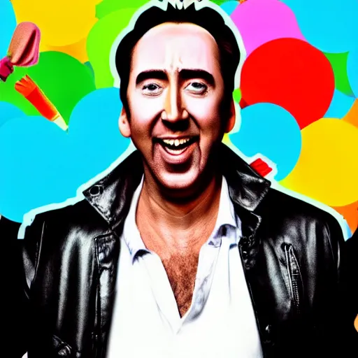 Prompt: nic cage excited about eating colorful ice creams