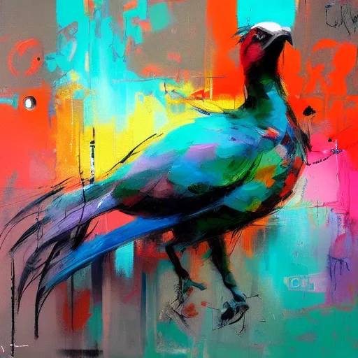 Image similar to A beautiful street art of a large, colorful bird with a long, sweeping tail. The bird is surrounded by swirling lines and geometric shapes in a variety of colors by Jeremy Mann playful, doom