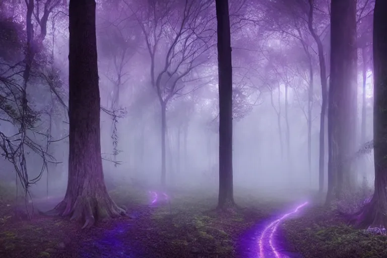 Prompt: ancient magical forest, tall purple and pink trees, moonlit, winding path lined with bioluminescent mushrooms, fireflies, pale blue fog, mysterious, eyes in the trees, cinematic lighting, photorealism