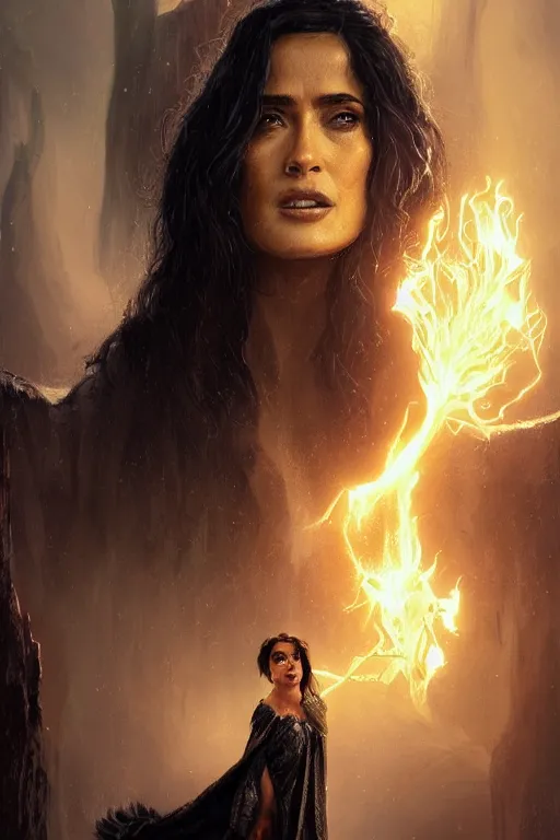 Image similar to portrait, Salma Hayek as a sorceress, dramatic lighting, cinematic, establishing shot, high detail, photo realistic, cinematic lighting, post processed, concept art, artstation, matte painting, style by eddie mendoza, raphael lacoste, alex ross