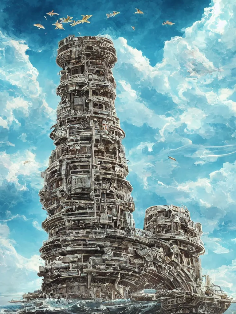 Prompt: a stunning wide angle view of an modern ancient tower on top of an alien structure in the middle of the gulf coast waters of florida, sun through puffy white clouds, highly detailed school of fish, artistic composition, sharp focus, intricate concept art, digital painting, colorful flat surreal design, hd, 8 k, artstation, ambient lighting