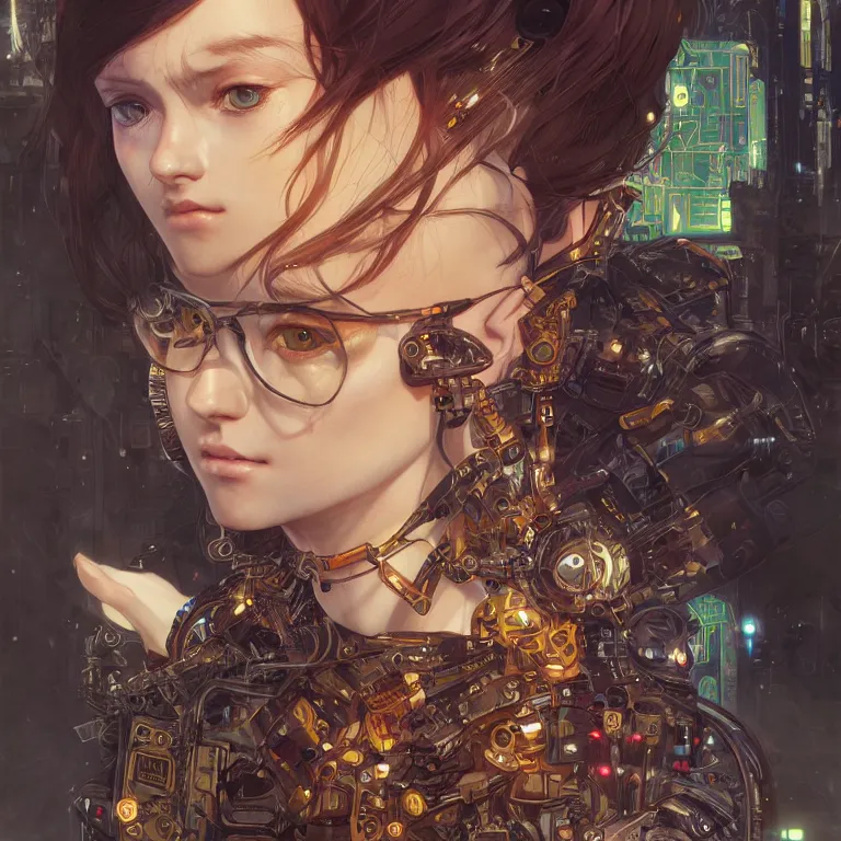 Prompt: portrait of beautiful young cat, cyberpunk, Warhammer, highly detailed, artstation, illustration, art by Gustav Klimt and Range Murata and Ilya Kuvshinov and Sakimichan