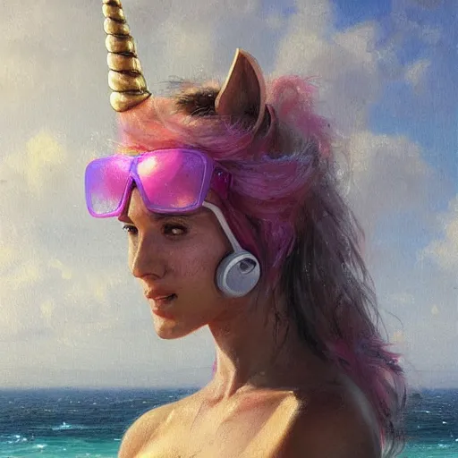 Image similar to a pink unicorn wearing headphones, at a beach party in Ibiza, Greg Rutkowski, art station