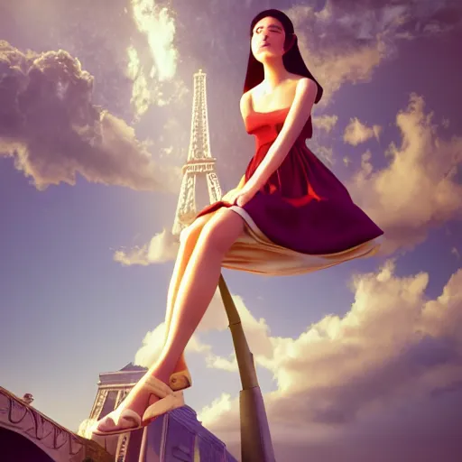 Image similar to A young beautiful giantess wearing a sundress sitting on the Eifel tower,her feet are visible and in focus ,detailed body and face, beautiful lighting,digital art , highly detailed , high contrast, beautiful lighting, award winning , trending on art station, 8k, photorealistic,unreal engine 5