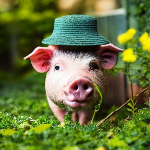 Image similar to a miniature pig wearing a sunhat!!! garden! hyper realistic!! realistic lighting!! wildlife photograph of the year!!! bold natural colors, national geographic, hd, wide angle, 8 k