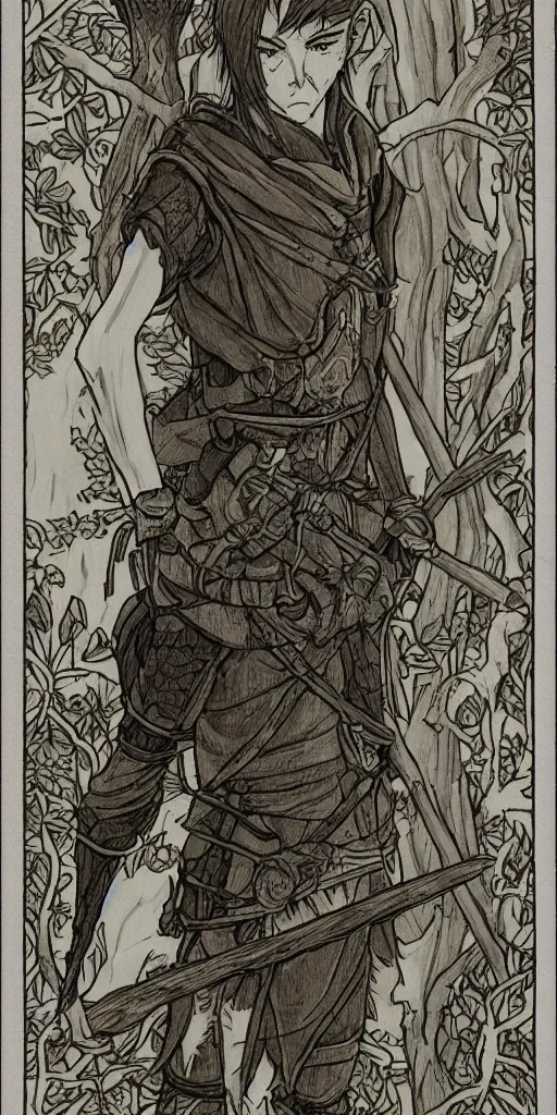Image similar to an wood elf boy getting ready for an high fantasy adventure on the mountain side, anime style, tarot card, Tarot card the fool, intricate detail, fine line work