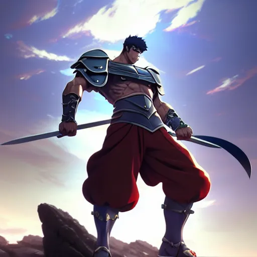 Prompt: strong muscular warrior with a greatsword and wearing plate armor, square masculine facial features, short messy hair, intimidating appearance, 3 d octane render, unreal engine 5, ultra high detail, cel shaded, trending on pixiv fanbox, by greg rutkowski makoto shinkai takashi takeuchi studio ghibli, akihiko yoshida