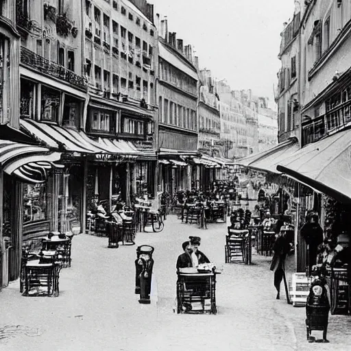 Prompt: une rue de paris vide avec des voitures garees, un restaurant avec une terrasse, des boutiques avec des neons, en debut de matinee en 1 8 4 0