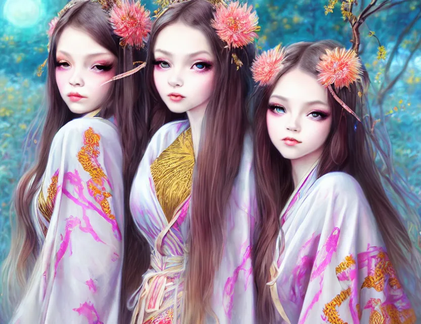 Image similar to two beautiful fashion siberian girls wear fantasy kimono in festival | | big eyes, sunny, dreamlike art, realistic shaded, smile, good looking, hyper details, 4 k realistic, cryengine, realistic shaded lighting poster by artgerm, ross tran, fuji choko, loish, 8 k resolution, trending on artstation, luxury