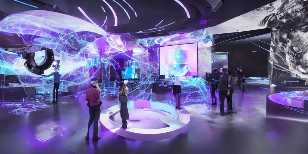 Image similar to stunning futuristic AI lab, projection screens, immersive graphics, holograms, dark room, people using HoloLens