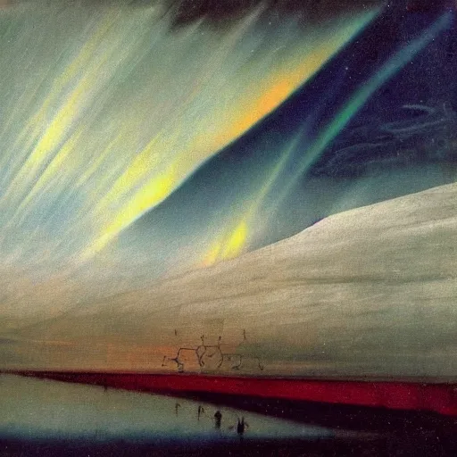 Image similar to the epic abstract painting'blue arctic void with black and red aurora borealis above a tiny inuit village ', by caspar david friedrich!!!, by rothko!!!, stunning masterpiece, trending on artstation