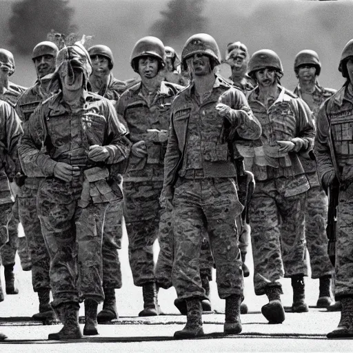 Image similar to 70s movie still of Donald Trump leading military troops, by Irving Penn , Cinestill 800t 35mm black and white, heavy grainy picture, very detailed, high quality, 4k, HD criterion, precise texture