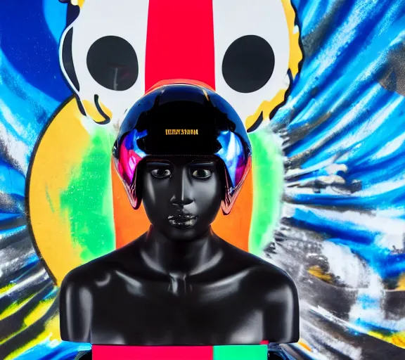 Prompt: portrait of a glossy black marble statue of an anime girl with colorful motocross logos and motorcycle helmet with reflective mirrored visor, colorful billboards in the background, carved marble statue, fine art, in the style of virgil abloh, in the style of takashi murakami,