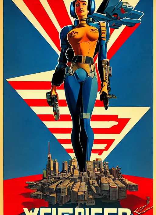 Image similar to american propaganda poster art. powerful cyberpunk pilot. portrait by jean giraud and anton otto fischer and john philip falter and will eisner and gil elvgren and pixar. full body. realistic proportions. science fiction d & d. overwatch, rb 6 s, cyberpunk 2 0 7 7, blade runner 2 0 4 9 concept art. cel shading. thick lines.