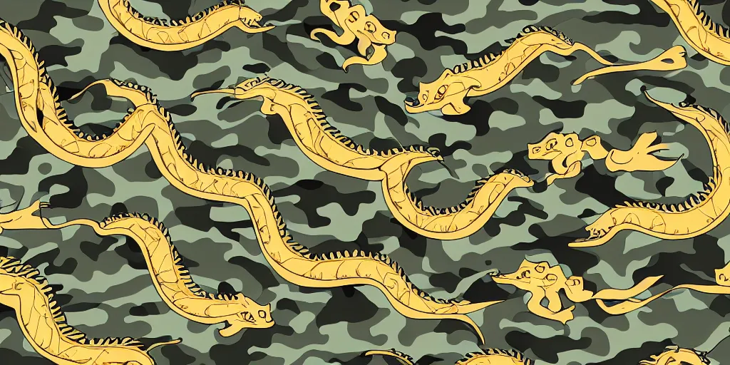 Prompt: detailed camo pattern with western dragon illustrations