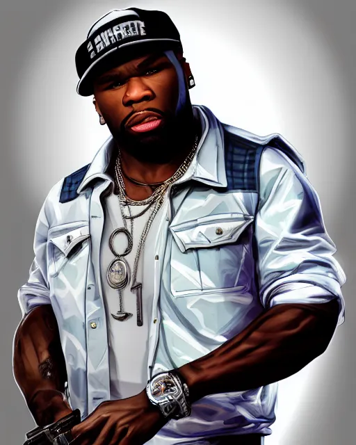 Prompt: a medium shot portrait of 5 0 cent as a gta vc character, he's holding a pistol. intricate detail, trending on artstationhq