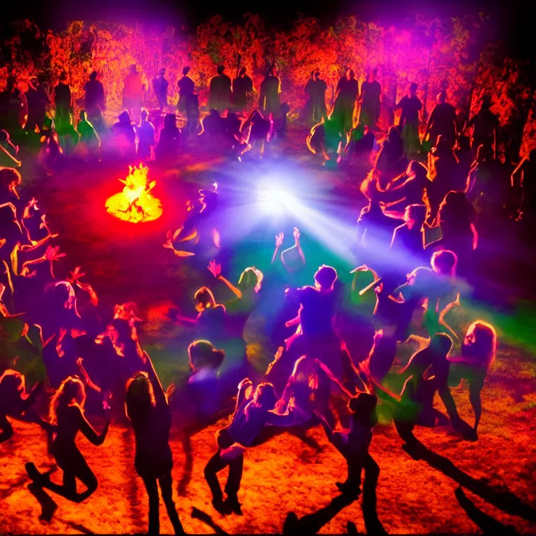 Image similar to real life 1 2 monkeys dancing in circle, bonfire in center, a jungle, cinematic, volumetric lighting, vivid colours, evil shadows, f 8 aperture, cinematic eastman 5 3 8 4 film, photorealistic