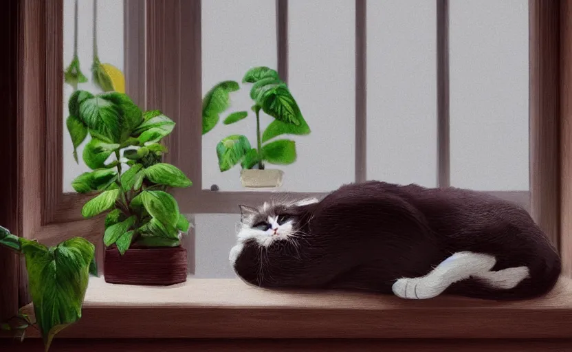 Prompt: sleeping cat on window, inside house in village, plants, trending on artstation