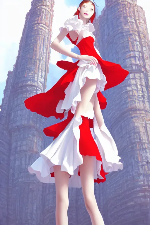 Image similar to the beautiful white frilled red dress girl standing in the hyper big and tall tower, looking at the, low angle, highly detailed, digital painting, artstation, concept art, smooth, sharp focus, illustration, Unreal Engine 5, 8K, art by Hiroaki Samura and Jiro Matsumoto