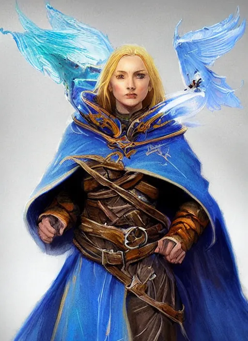 Prompt: bright blue cloak female priest, ultra detailed fantasy, dndbeyond, bright, colourful, realistic, dnd character portrait, full body, pathfinder, pinterest, art by ralph horsley, dnd, rpg, lotr game design fanart by concept art, behance hd, artstation, deviantart, hdr render in unreal engine 5