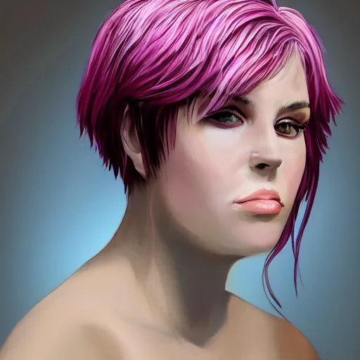 Image similar to portrait of a young woman with short pink spiky hair, and dark eyes 8 k, digital paint