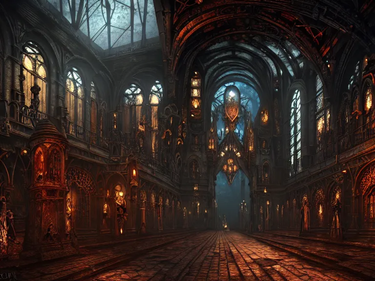 Image similar to steam necropolis, memento mori, gothic, neo - gothic, art nouveau, hyperdetailed copper patina medieval icon, stefan morrell, philippe druillet, ralph mcquarrie, concept art, steampunk, unreal engine, detailed intricate environment, octane render, moody atmospherics, volumetric lighting, ultrasharp, ominous, otherworldly