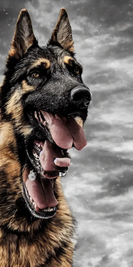 Image similar to close up character portrait of muscular german shepard beast - man, wearing military outfit, standing in hell landscape, 4 k, tone mapping