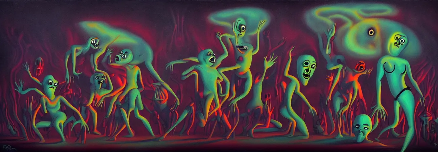 Image similar to visceral freaky monsters from the darkest depths of collective unconscious, dramatic glowing lighting, 1 9 3 0 s fleischer cartoon characters, wild emotional expressions - surreal painting by ronny khalil