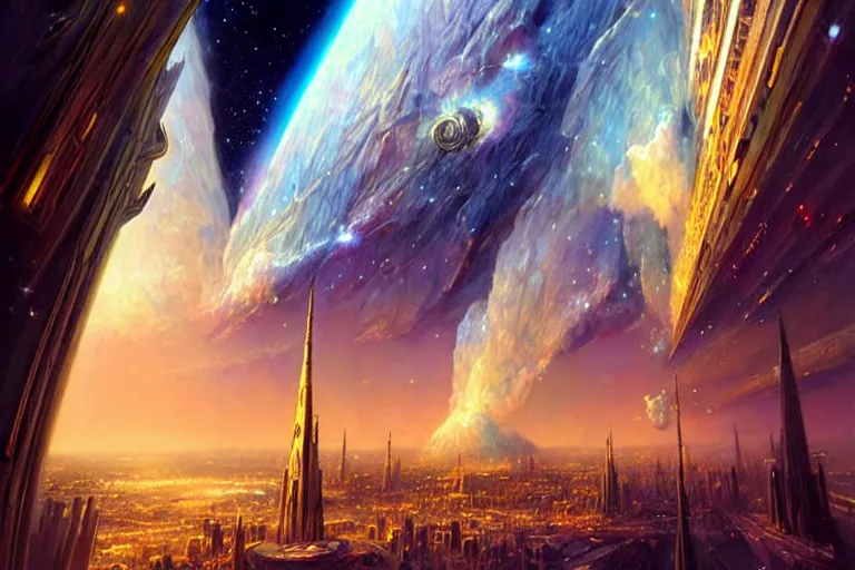 Image similar to The golden city of New Jersualem in the clouds, the orion nebula in the sky, nebula, fantasy city, fantastical architecture, divine, holy, art by Stephan Martinière, Martinière artwork, fantasy, beautiful, HD