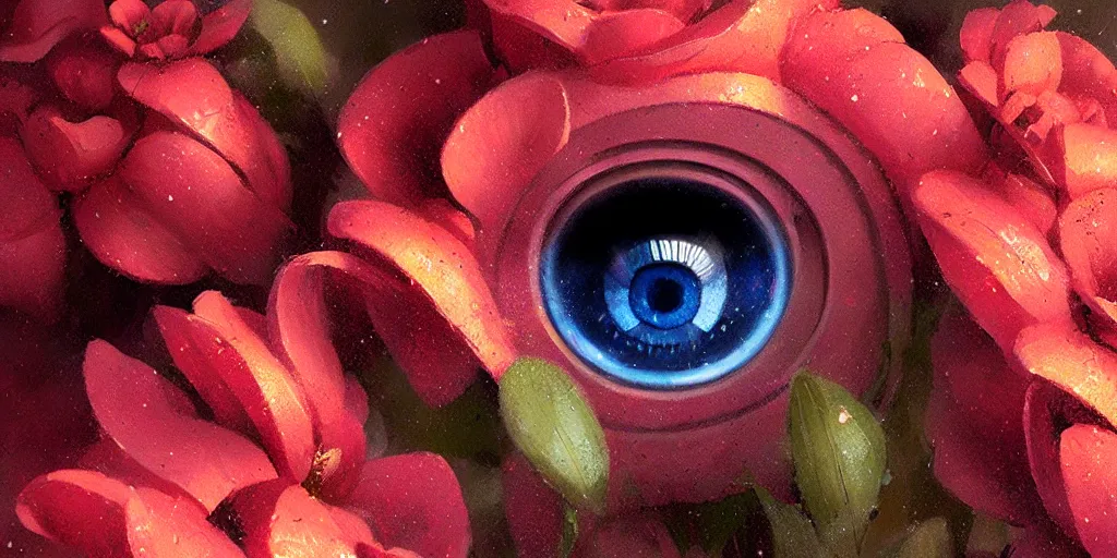 Image similar to close up of a beautiful flower with robot eyes in the middle by Greg rutkowski