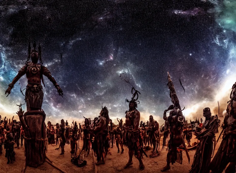 Prompt: Dutch angle Fisheye lens way too close glowing futuristic warrior statue chanting tribesmen worshipping in the center of their village. Ominous clouds and smoke from the fire. 1100 AD. The Milky Way Galaxy is visible in the night sky along with many constellations and nebulas. Cinematic, Award winning, ultra high resolution, intricate details, UHD 8K. Rendered with autodesk arnold unreal engine octane render Lumion Blender Maxwell. Hidden message.