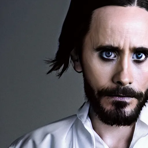 Image similar to Live Action Still of Jared Leto dressed as and playing Walter White in Breaking Bad, real life, hyperrealistic, ultra realistic, realistic, highly detailed, epic, HD quality, 8k resolution, body and headshot, film still