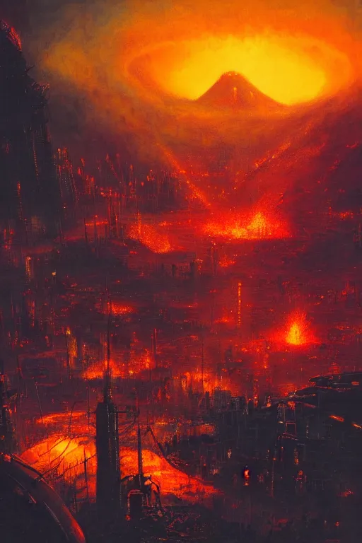 Image similar to a cyberpunk city in the crater of a volcano, lava flowing, smoke, fire, neon, industrial, by paul lehr