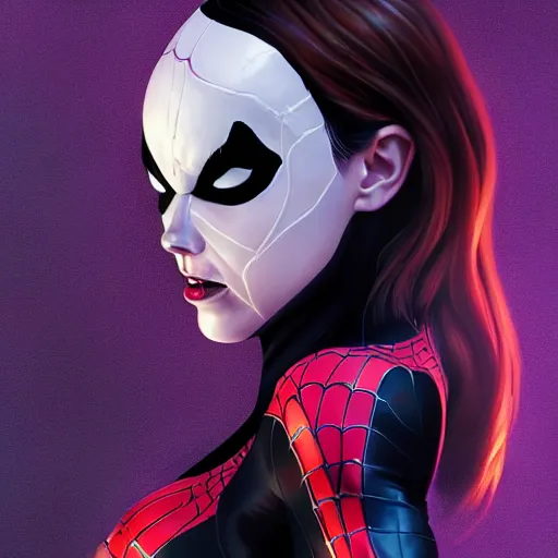 Prompt: gorgeous female Emma Stone as Spider-Gwen as venom sharp teeth, realistic character concept, medium shot, evil pose, comic book, illustration, slender symmetrical body, artstation, cinematic lighting, hyperdetailed, Tom Bagshaw, Joshua Middleton, single face, insanely detailed and intricate, dark and smokey background